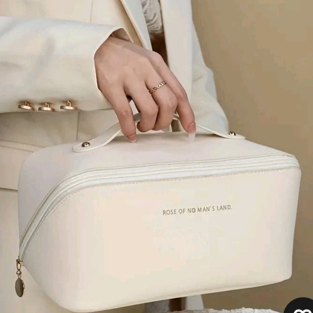 NEW Off-White Vegan Leather Cosmetic Bag – Travel Makeup Organizer with Handle